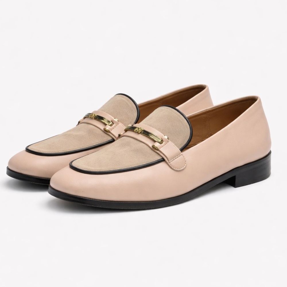 Newbark Beige Leather & Suede Bit Loafers Size 7.5 Italian Minimalist Luxury